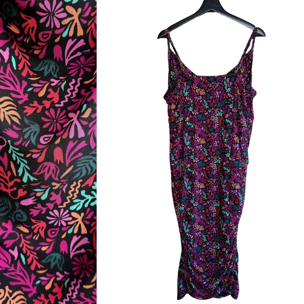 Ava & Viv Womens 1X Multicolor Botanical Floral Cowl Neck Ruched Midi Slip Dress